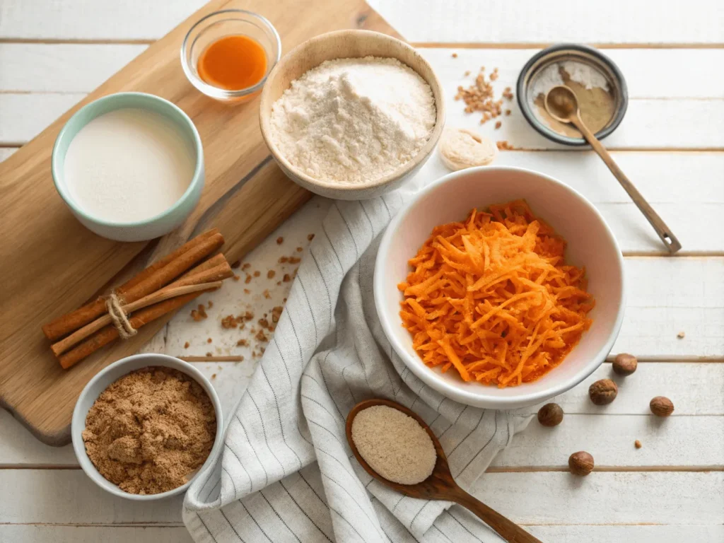 Carrot cake pancake ingredients in bowls on a kitchen counter