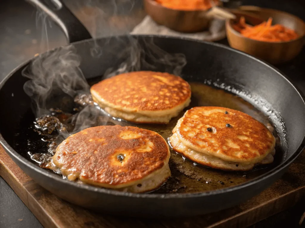 Golden carrot cake pancakes cooking in a skillet with bubbles forming