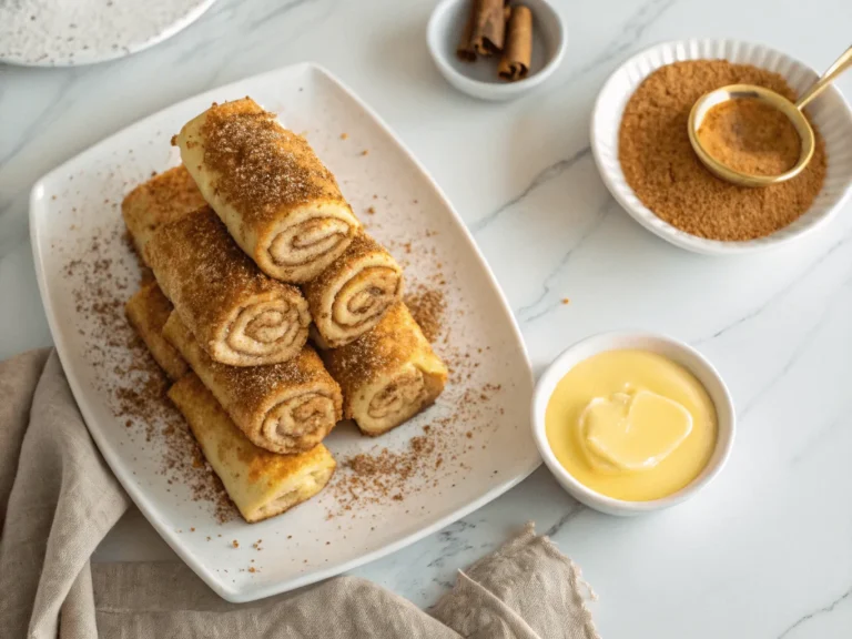 Cream cheese roll-ups stacked on a plate with cinnamon sugar on top