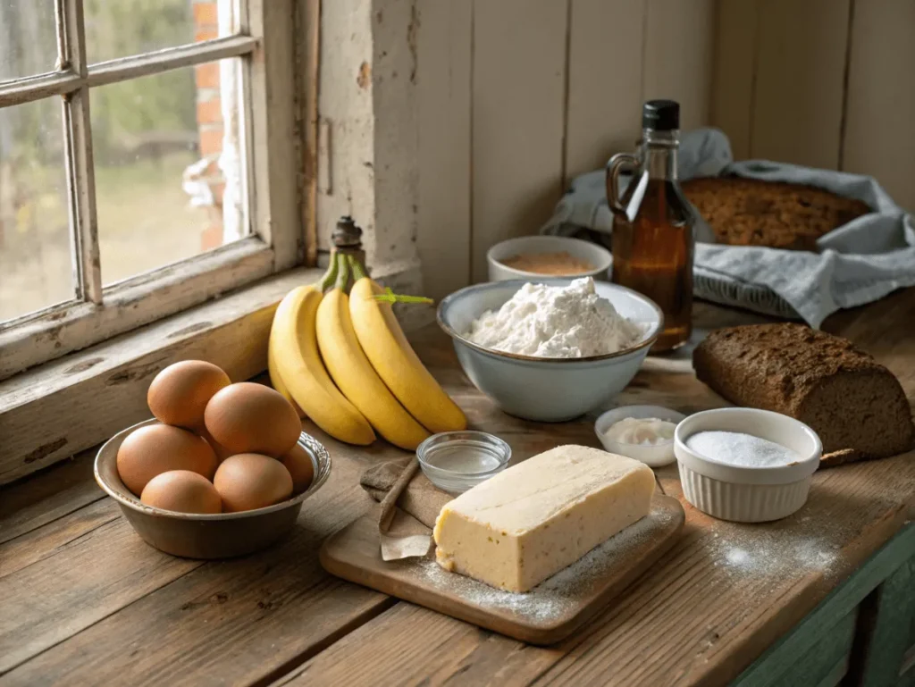 Ingredients for banana bread with cream cheese on a wooden table