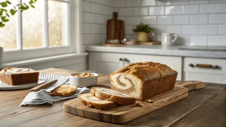 Cream cheese banana bread sliced on farmhouse table with swirl showing