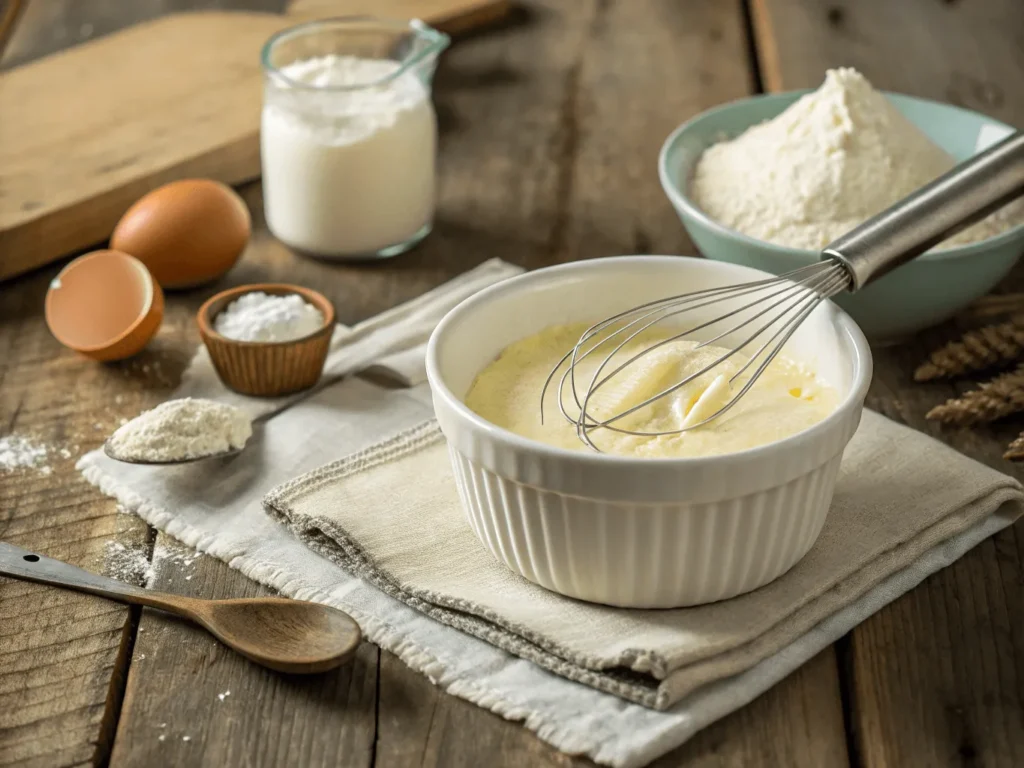 Whisking cream cheese into fluffy pancake batter in a rustic kitchen