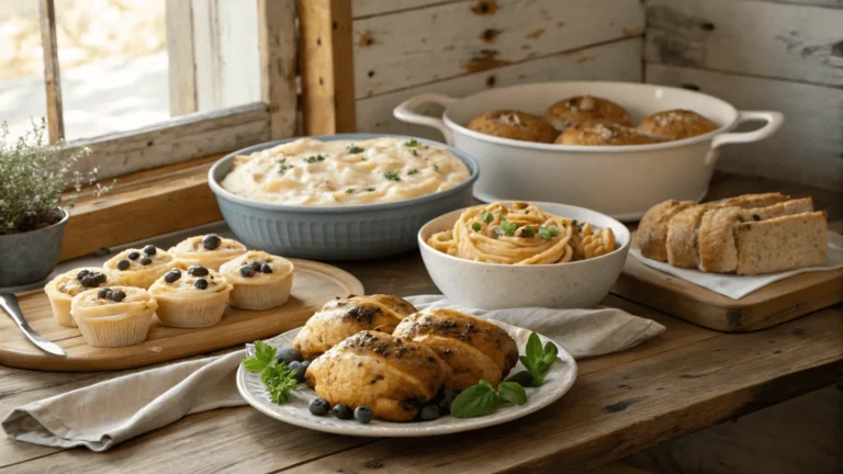 Assorted cream cheese recipes for all meals on a wooden table