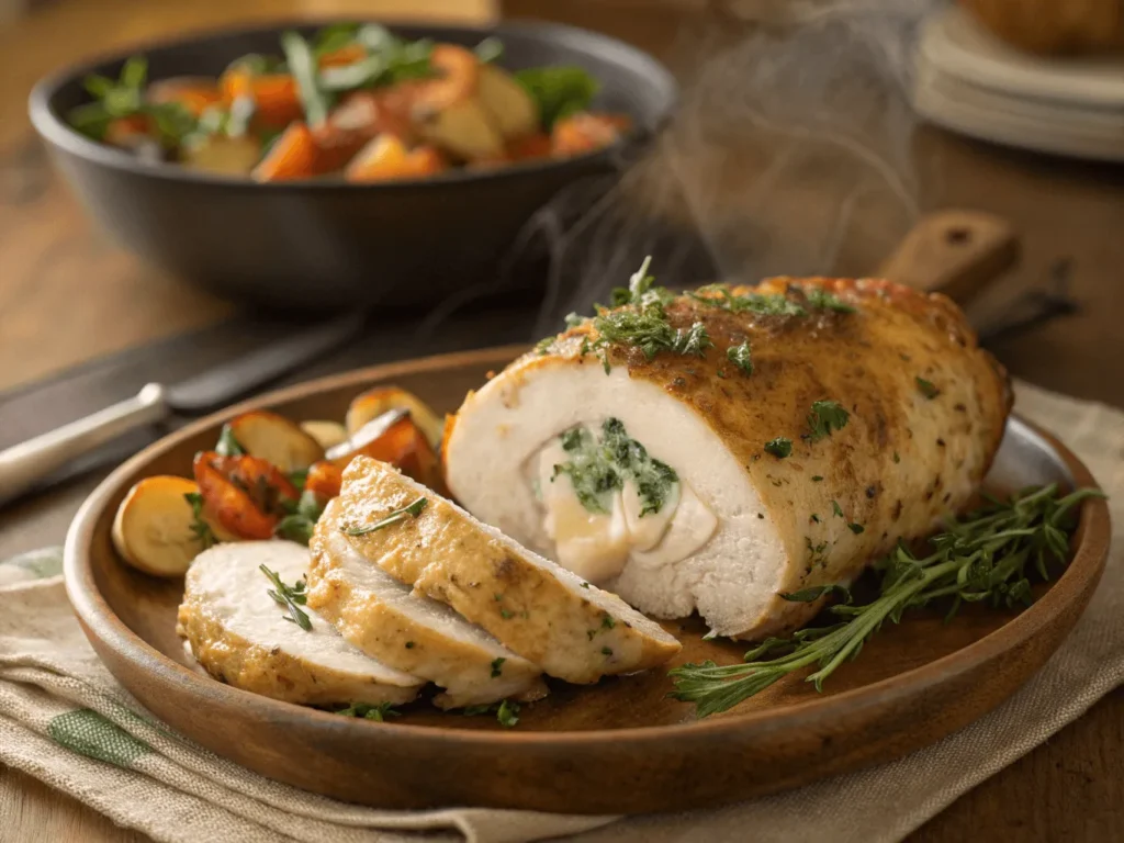 Slicing into a juicy cream cheese stuffed chicken breast on a rustic plate