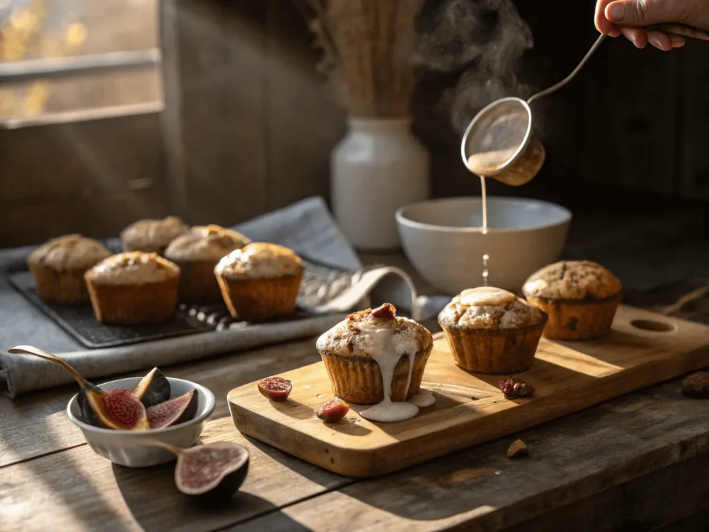 Glazing cream cheese fig muffins with honey