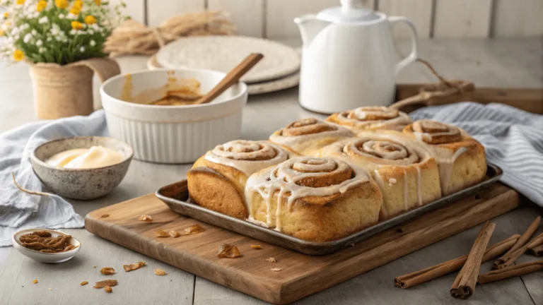 Freshly baked cinnamon rolls with maple cream cheese glaze on a rustic kitchen counter