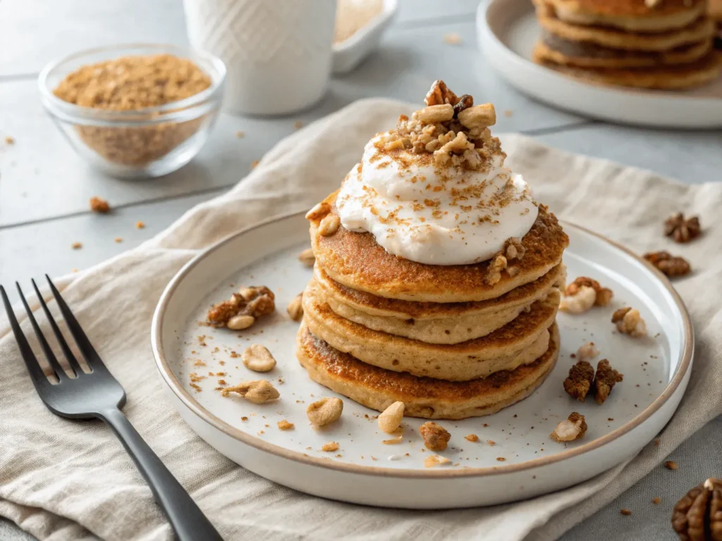 Stack of carrot cake pancakes with cream cheese frosting and chopped nuts on a white plate
