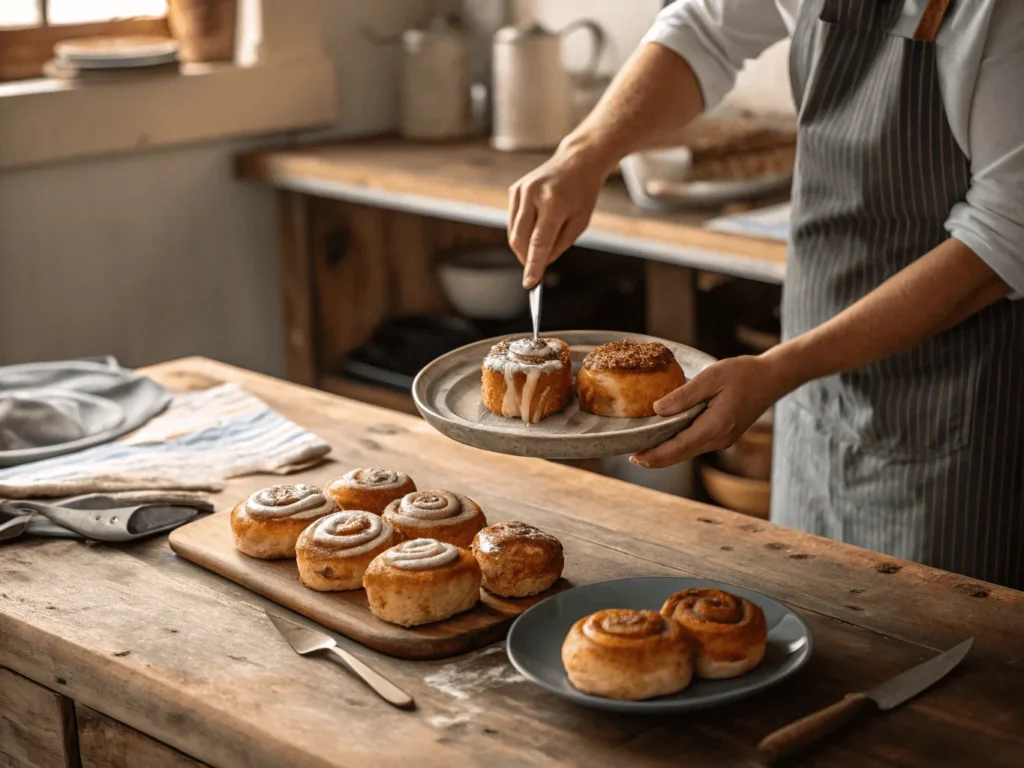 Slicing and serving warm maple-cinnamon rolls