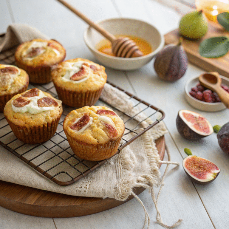 Cream cheese fig muffins topped with honey glaze cooling on a rustic rack, styled with fresh figs and linen napkin.