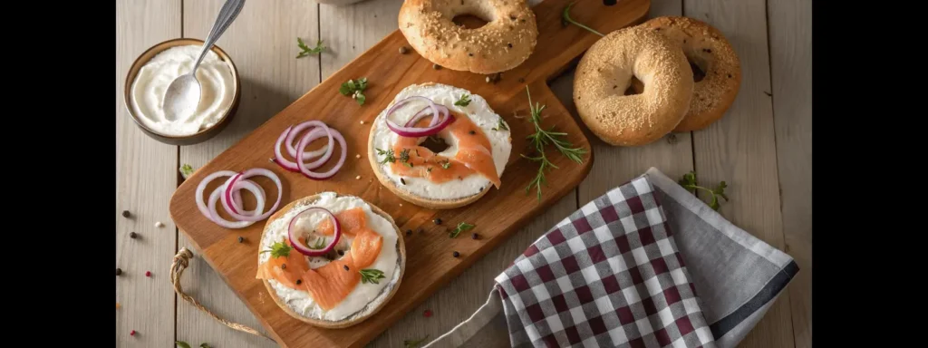 Cream cheese recipe banner with breakfast bagels on wooden table