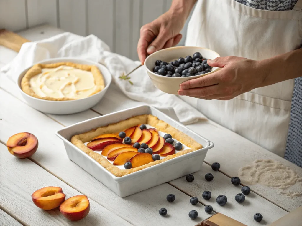 Layering cream cheese and fruit into a breakfast bake