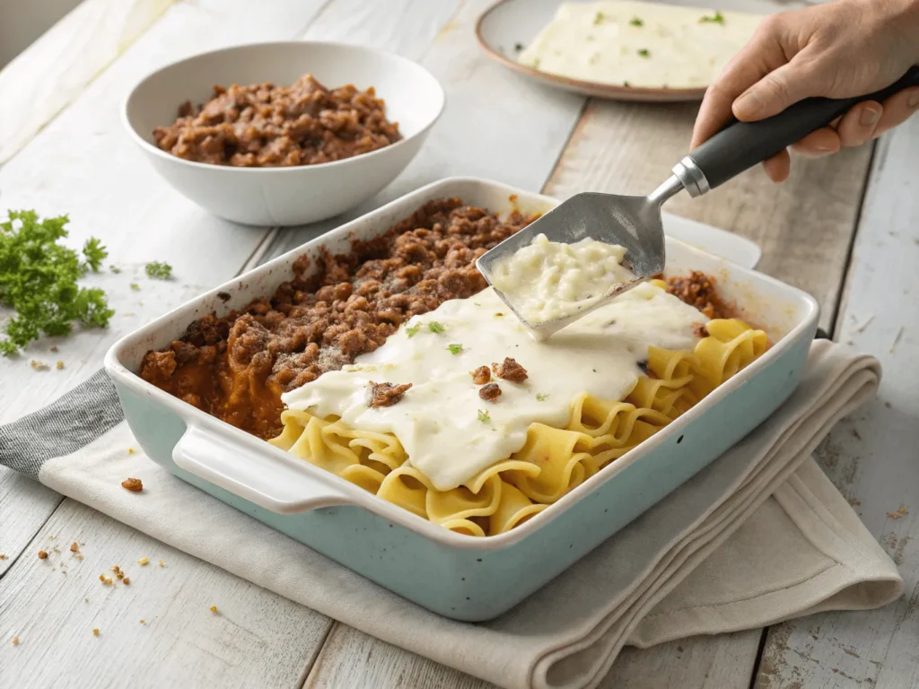 Layering creamy ground beef mixture over noodles in a casserole dish