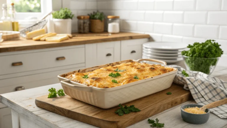 Cheesy chicken bake fresh from the oven in a rustic kitchen