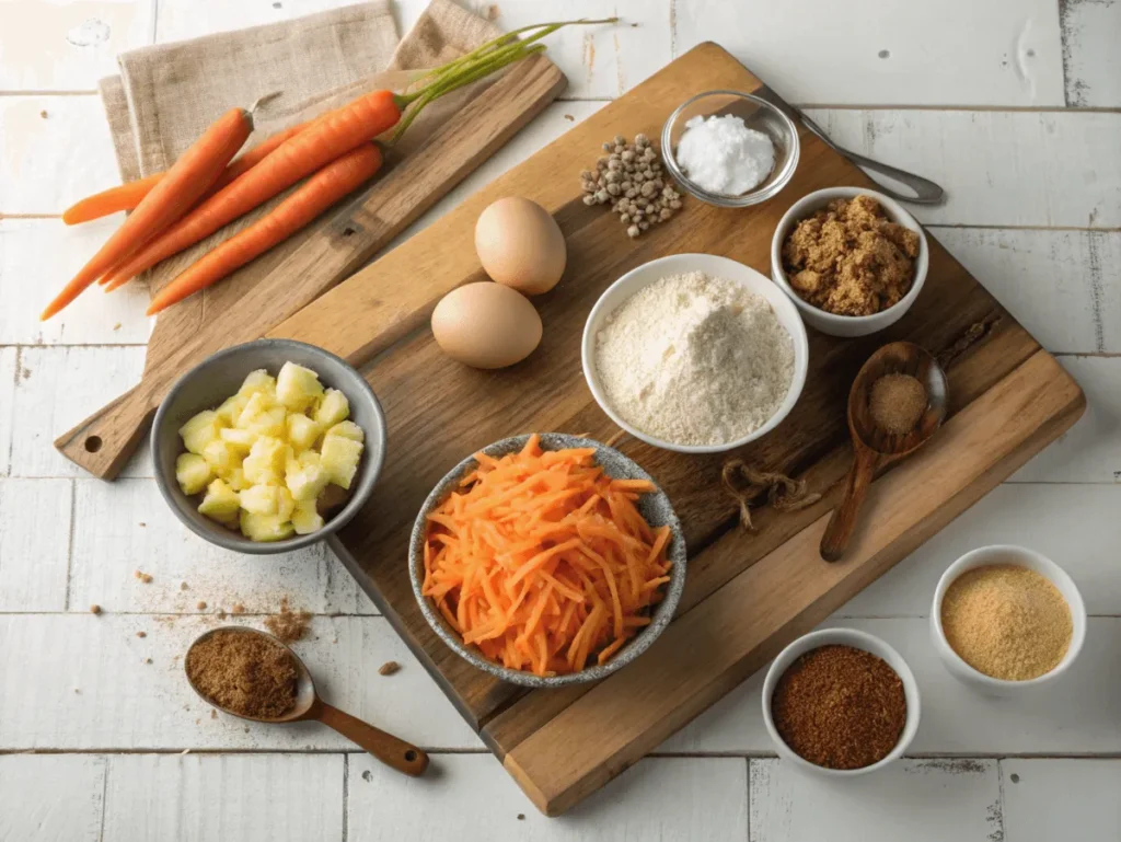 Ingredients for homemade carrot cake on a rustic cutting board