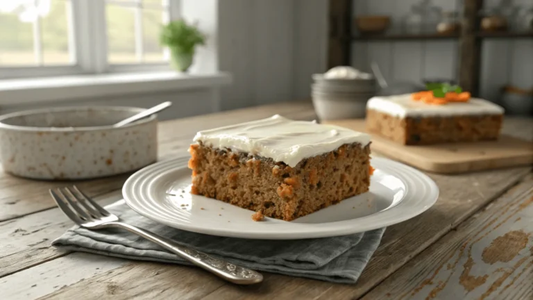 Slice of moist carrot cake recipe with cream cheese frosting on a white plate