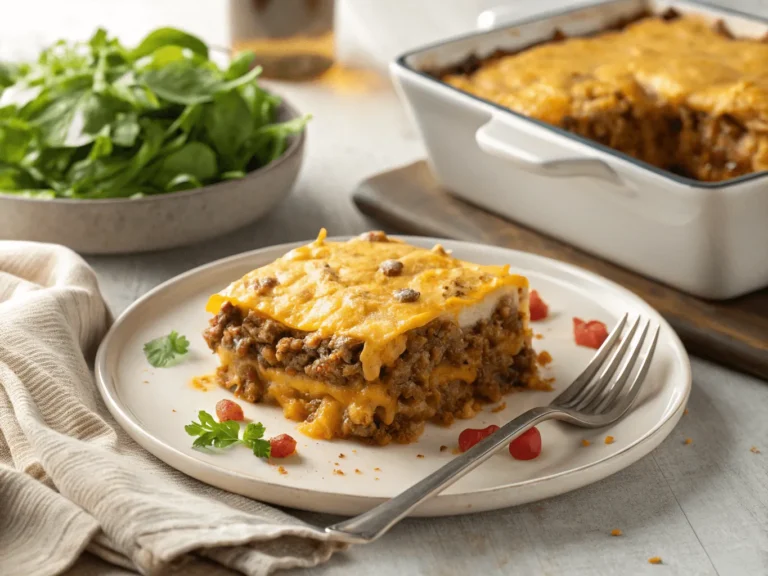Serving of cheesy hamburger casserole with salad