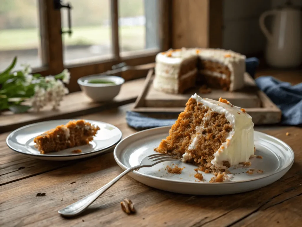 Half-eaten slice of carrot cake on farmhouse plate
