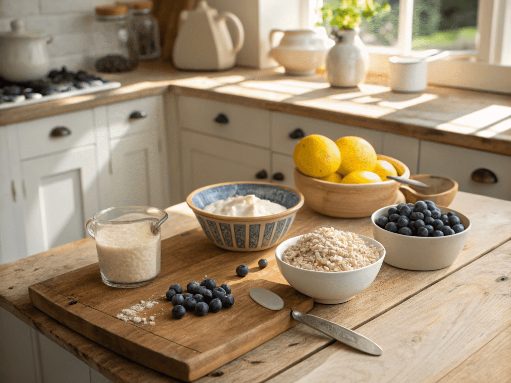 Ingredients for lemon blueberry cheesecake oat bars on farmhouse table
