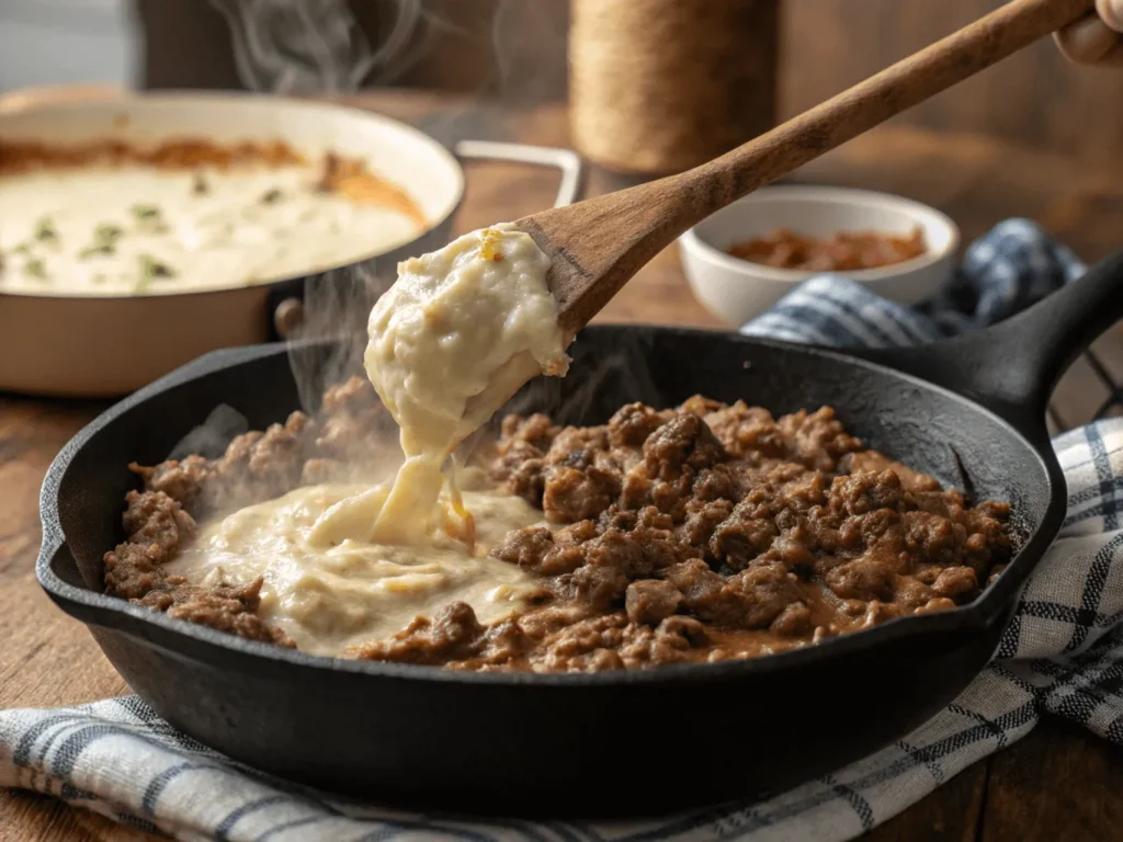 Stirring cream cheese into ground beef in a skillet