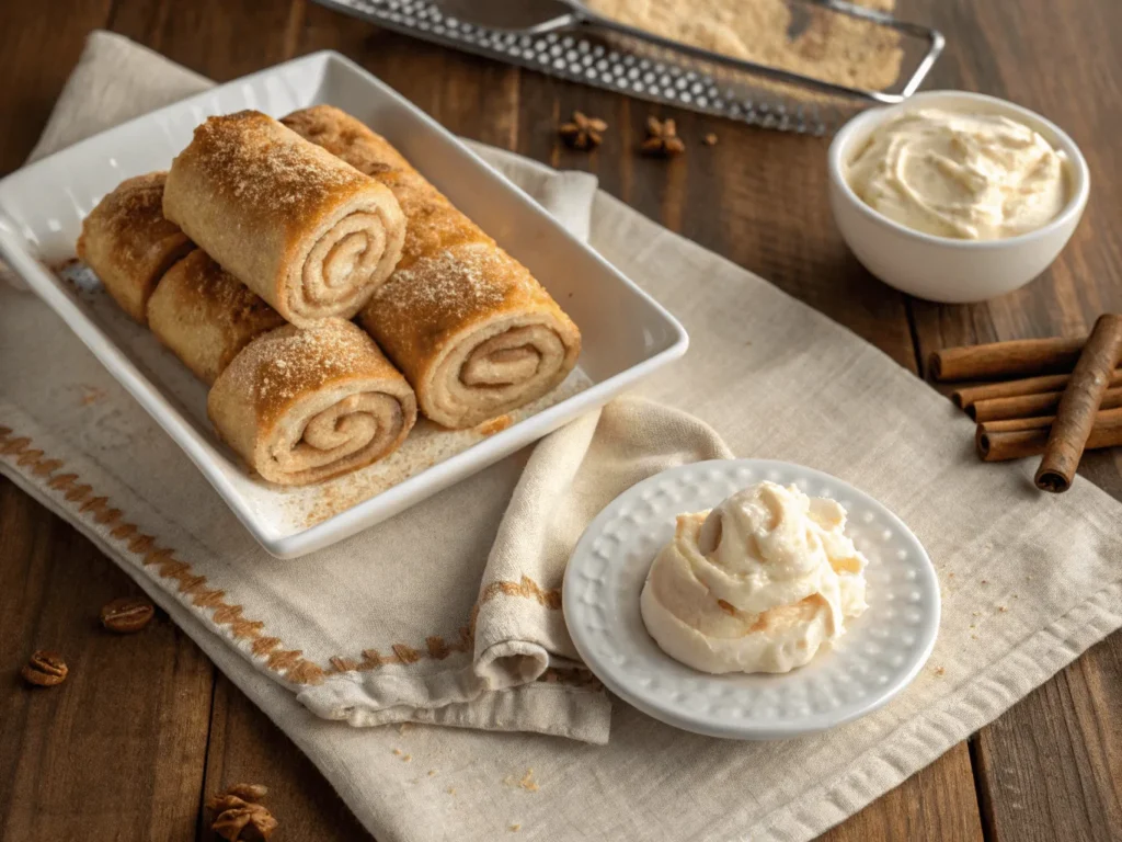 Golden cinnamon sugar cream cheese roll-ups on a plate