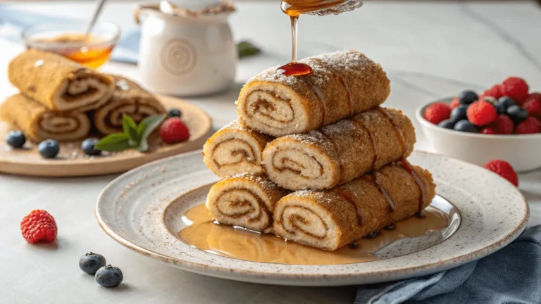 Stack of cream cheese roll-ups with syrup