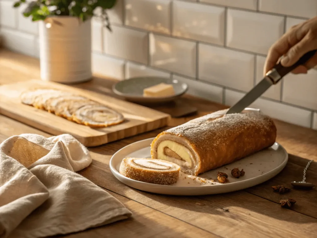 Slicing into warm cinnamon cream cheese roll-ups