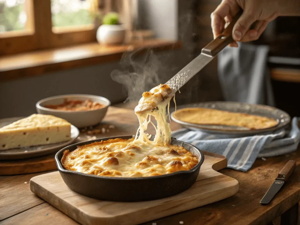 Slicing into a creamy Philadelphia cream cheese chicken bake