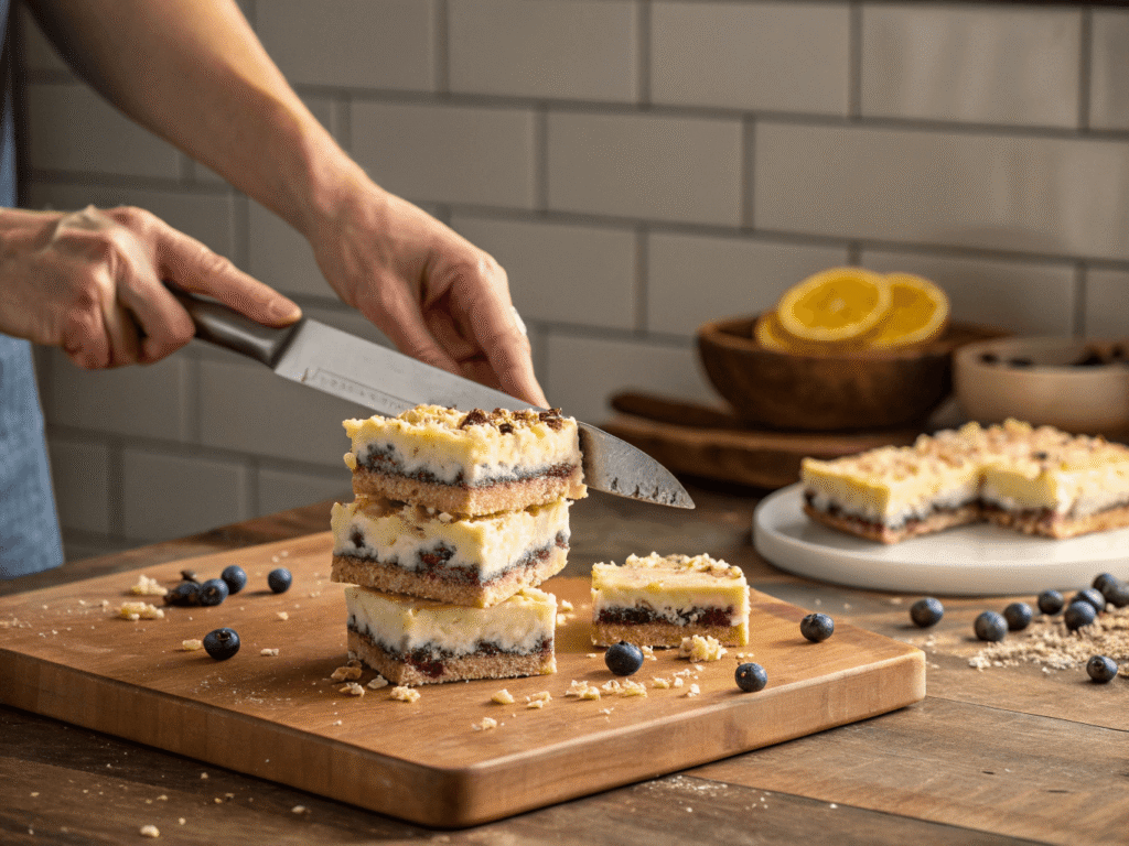 Slicing lemon blueberry cheesecake bars in a cozy kitchen