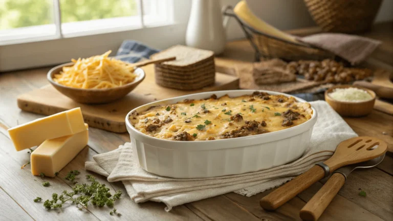 Baked ground beef and cream cheese casserole in a white dish with melted cheese on top
