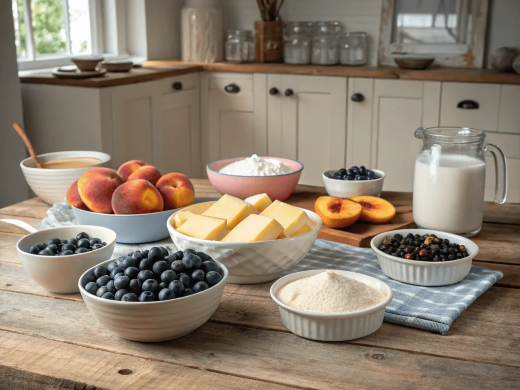 Blueberry peach cream cheese bake ingredients on rustic kitchen table