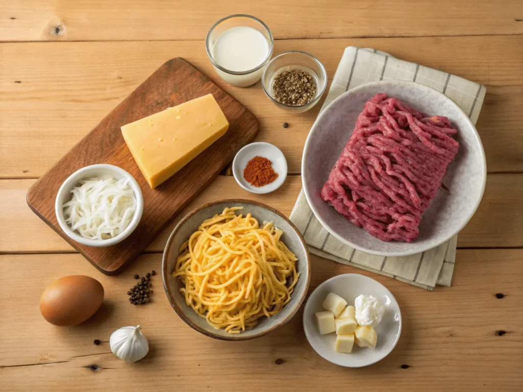 Ingredients for cheesy hamburger casserole on a wooden surface