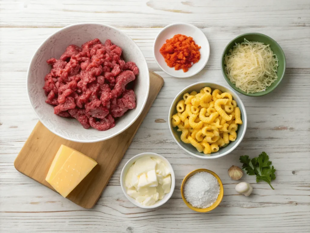 Flat lay of labeled ingredients including ground beef, cream cheese, shredded cheese, and macaroni