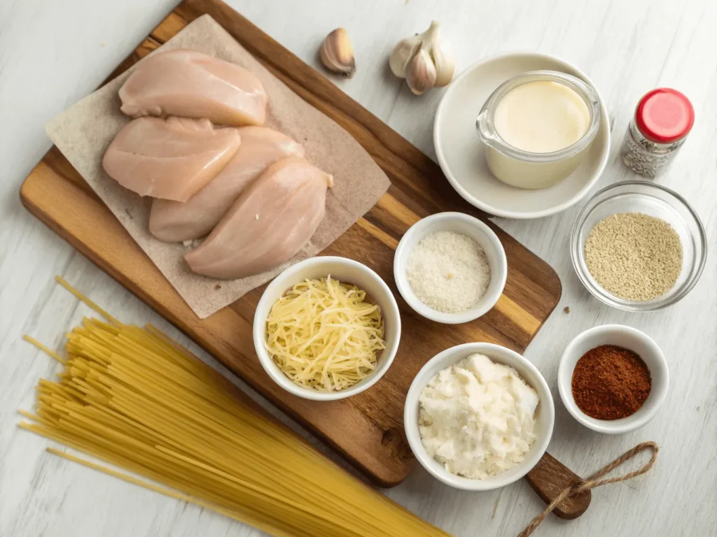 Ingredients for Crockpot Chicken Alfredo laid out on a counter