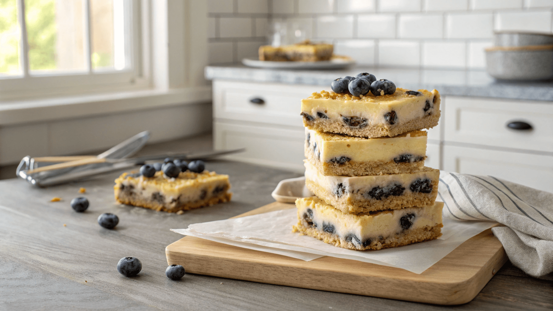Stack of lemon blueberry cheesecake oat bars on a rustic table