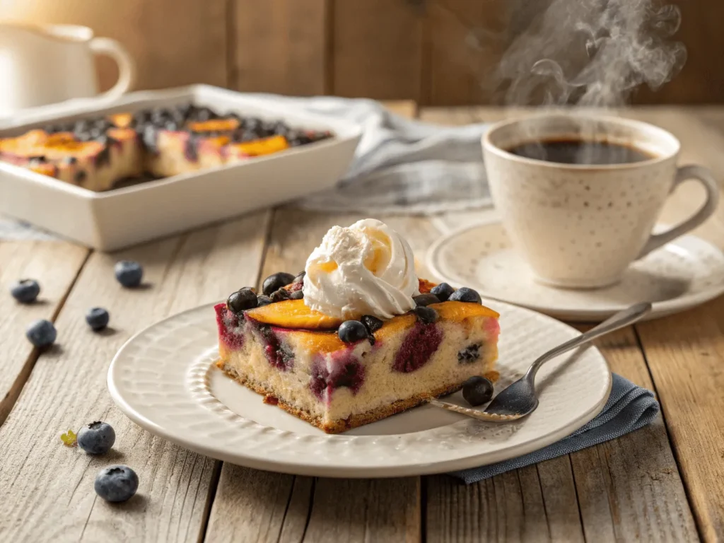 Served slice of blueberry peach cream cheese bake with whipped cream