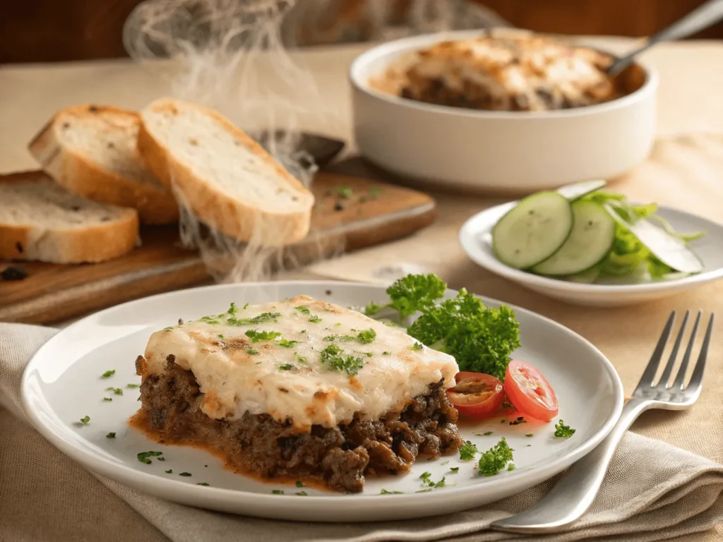 Serving of ground beef and cream cheese casserole on a white plate with garlic bread and salad