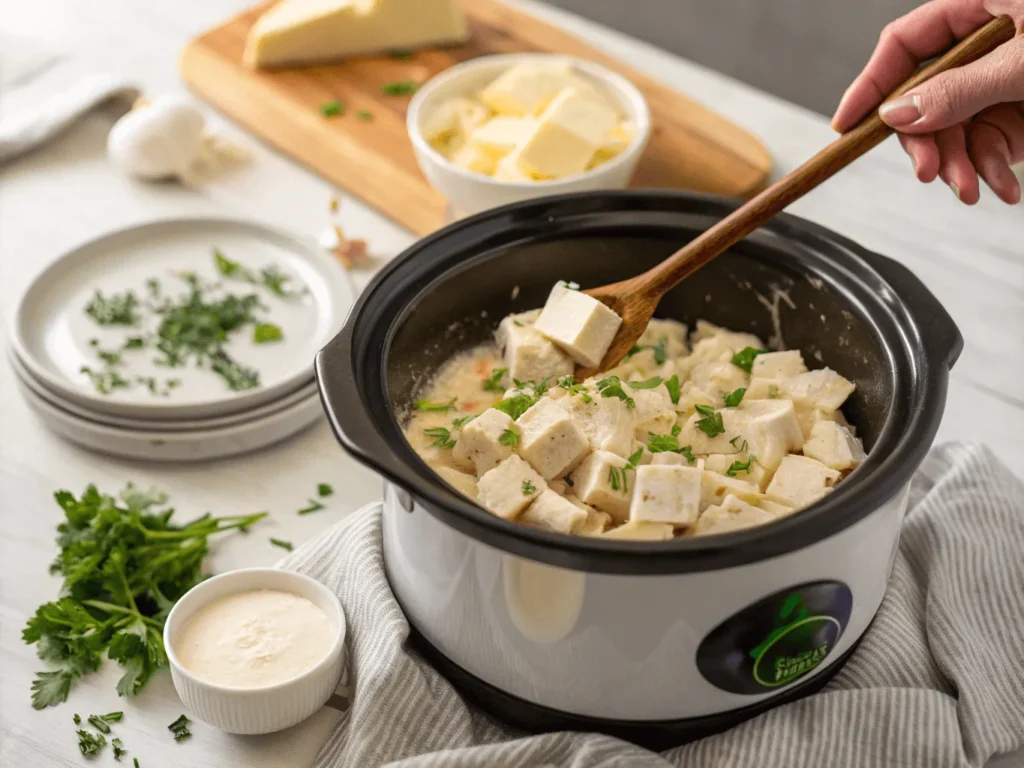 Mixing cream cheese and chicken in a slow cooker for Alfredo