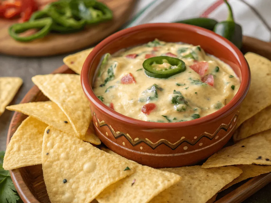 Jalapeño cream cheese dip served with tortilla chips