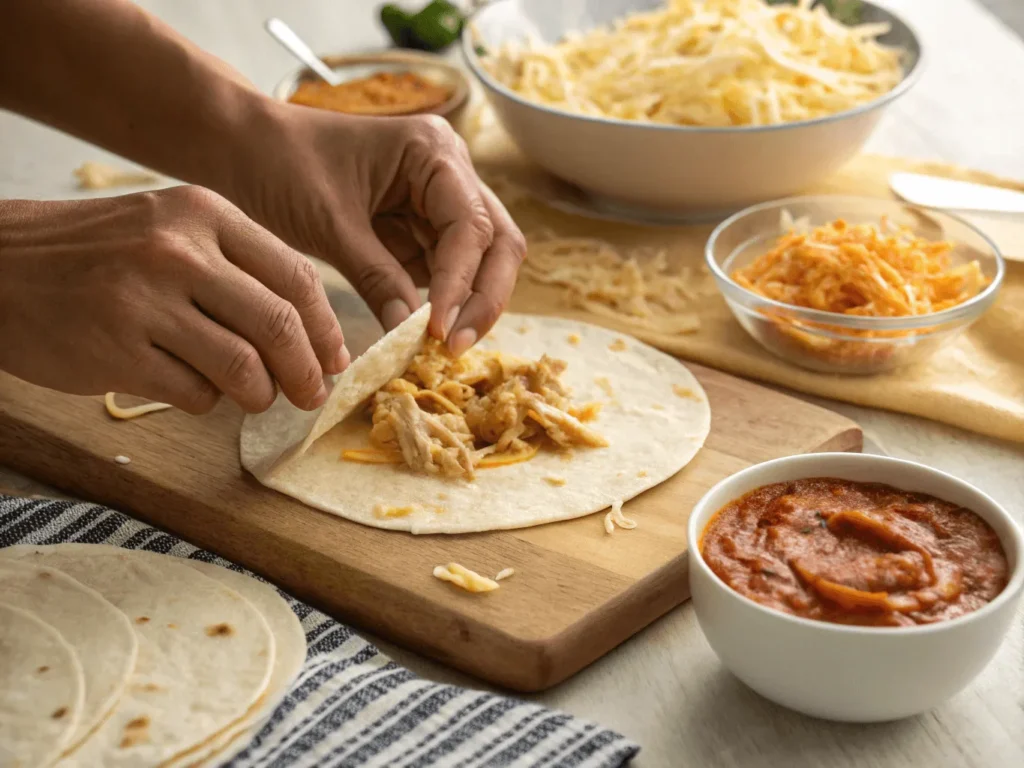 Hands filling tortillas with chicken and cream cheese for enchiladas