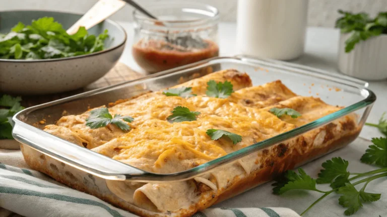 Creamy chicken and cream cheese enchiladas baked in a dish