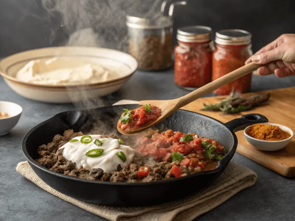 Stirring cream cheese into taco beef in a skillet