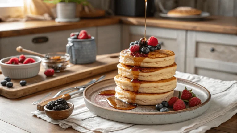 Cream cheese pancakes with syrup and berries