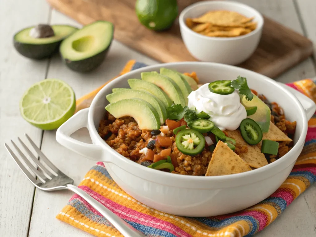Bowl of taco cream cheese skillet with toppings