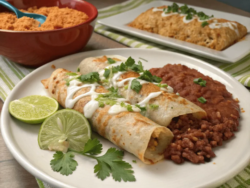 Chicken and cream cheese enchiladas with rice and beans