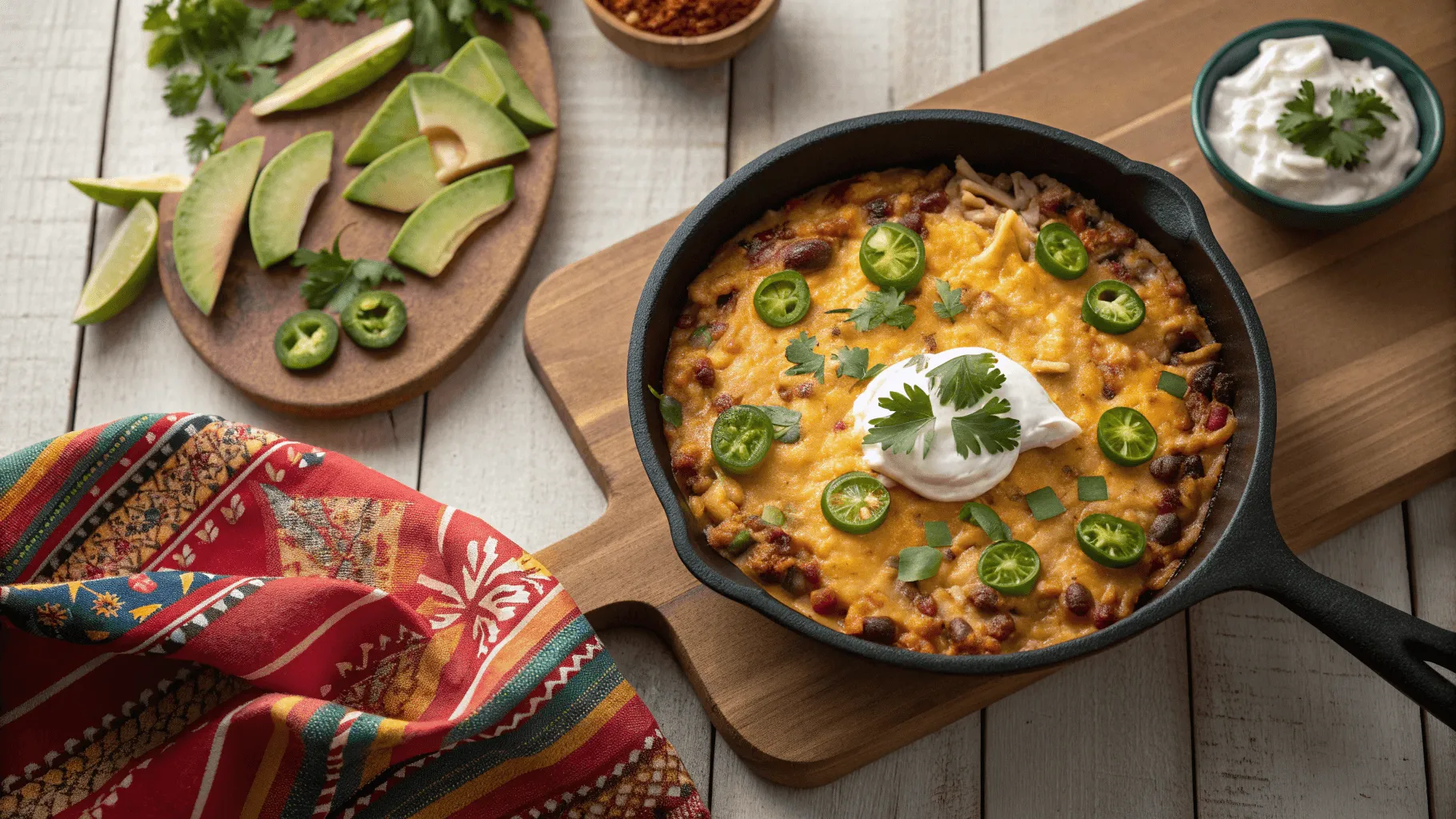 Taco cream cheese skillet in cast iron pan with toppings
