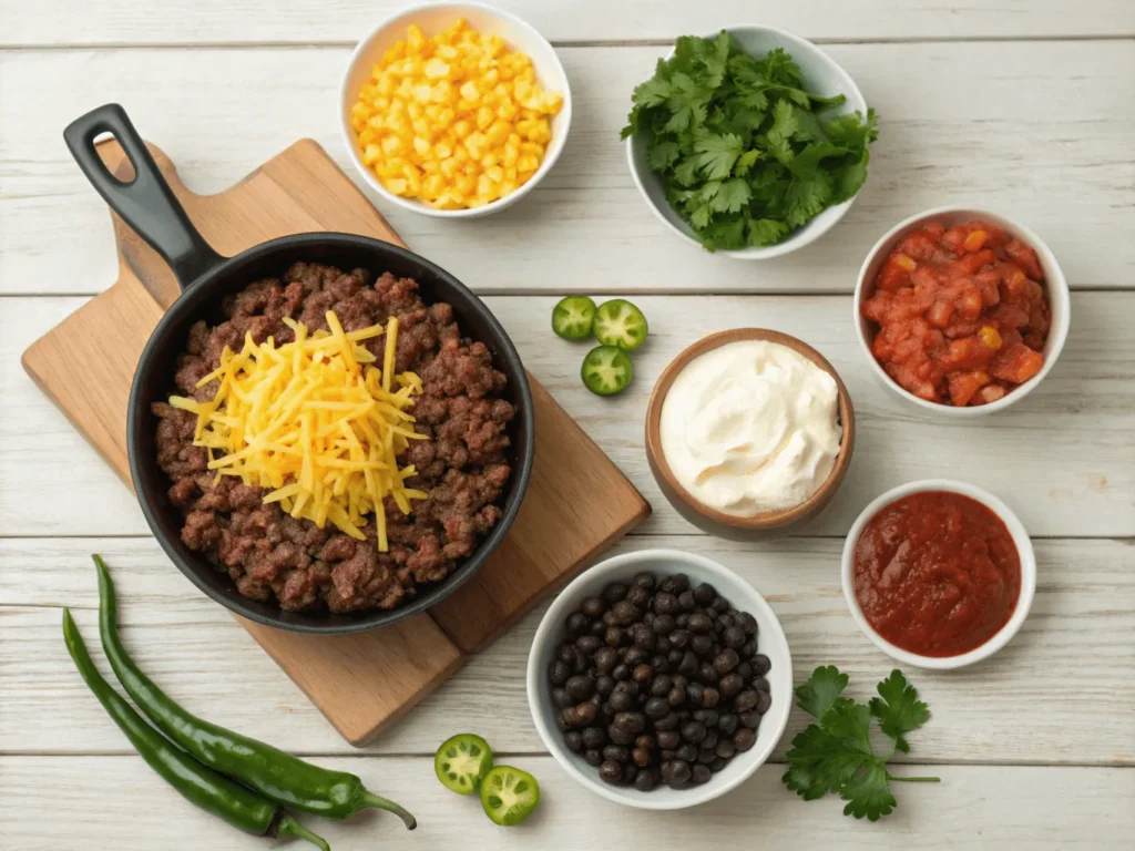 Ingredients for taco cream cheese skillet on wooden table