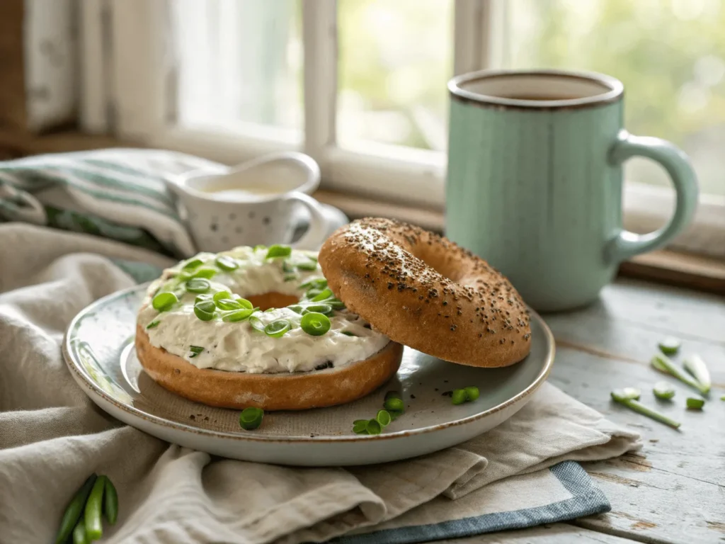 Everything bagel topped with homemade scallion cream cheese on a vintage plate