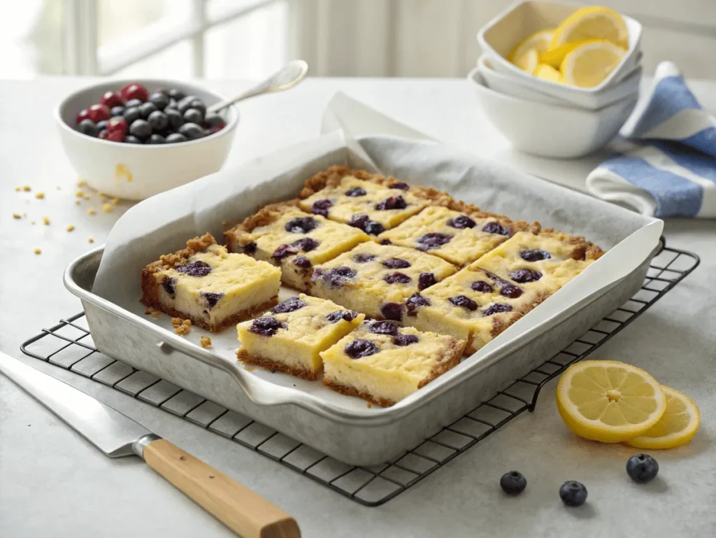 Sliced lemon blueberry cheesecake oat bars cooling on a rack