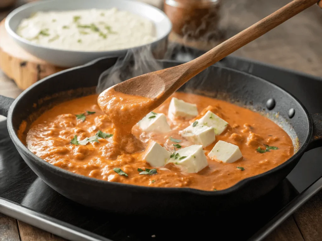 Cream cheese melting into buffalo sauce in a skillet.