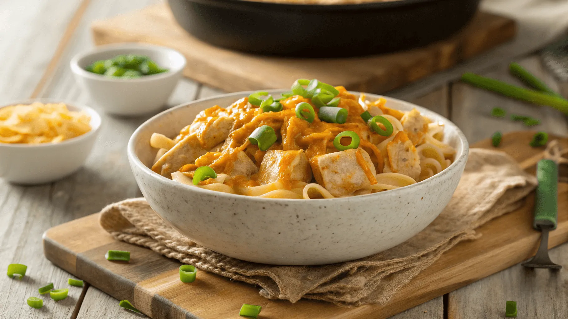 Bowl of buffalo chicken cream cheese pasta topped with cheddar and green onions.